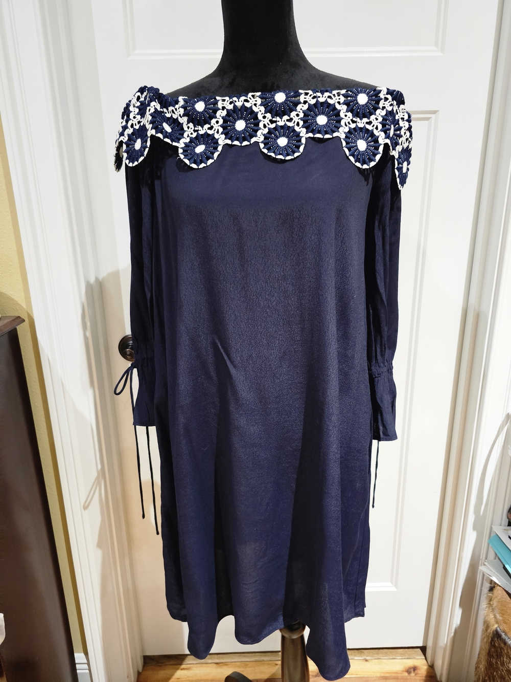 LOFT Navy Dress with White Crochet Trim, NWT